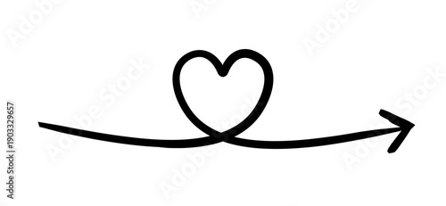Horizontal arrow loops centrally into heart shape hand-drawn sketch graphic element. Connection icon. Love sign. Doodle direction. Minimal black pointer. Ink freehand symbol. Scribble illustration