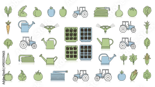 Collection of gardening icons featuring tractors, watering cans, and various vegetables in a flat design style