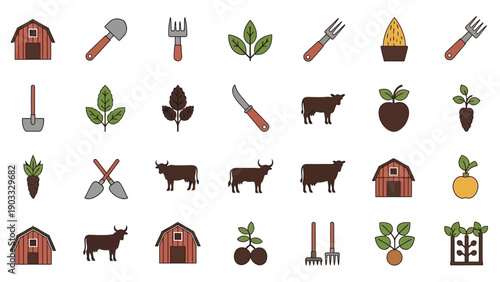 Collection of farming icons including tools, animals, and plants viewed from a straightforward perspective in a grid layout.