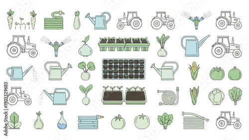 Collection of agricultural icons featuring farming equipment and plants in various styles on a clean white background