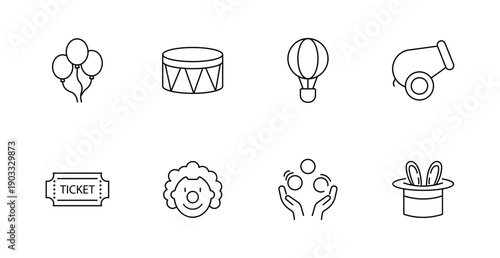 Circus set icon. Balloons, drum, hot air balloon, cannon, ticket, clown, juggling hands, magician hat shown in performance line icon style.