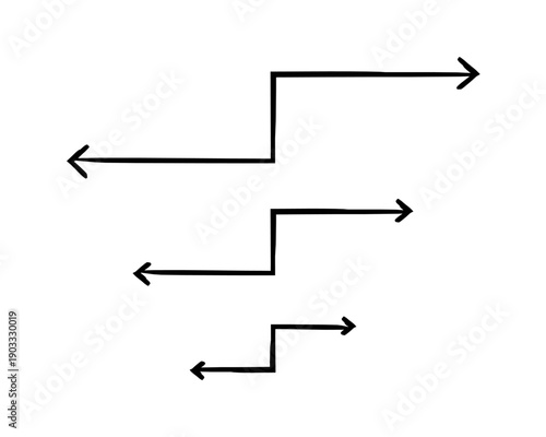 Two-sided arrows hand-drawn sketch graphic element set. Opposing pointing left and right. Mirrored path. Doodle direction. Minimal black pointers. Ink freehand symbols. Scribble illustration