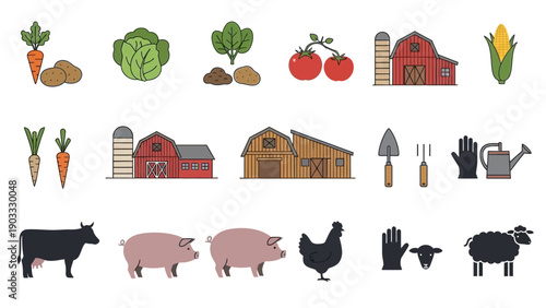 Farm Scene with Animals, Buildings, and Crops Illustration from a Direct Viewpoint