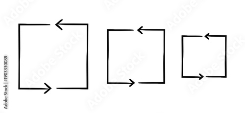 Square-shaped arrow paths pointing left hand-drawn sketch graphic element set. Looping structure. Repetition. Doodle direction. Minimal black pointers. Ink freehand symbols. Scribble illustration