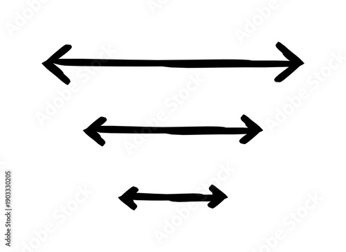 Two-sided horizontal arrows hand-drawn sketch graphic element set. Bidirectional opposite pointing left right. Doodle direction. Minimal black pointers. Ink freehand symbols. Scribble illustration