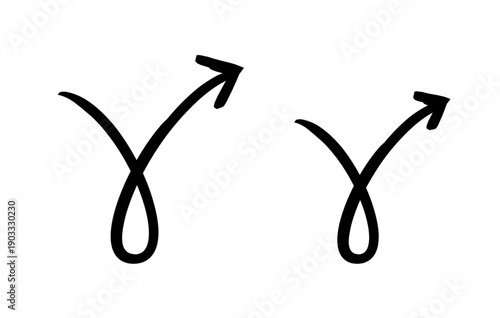 Curved loop arrows hand-drawn sketch graphic element set. Upward curve and twist pointing up. Artistic bend. Doodle direction. Minimal black pointers. Ink freehand symbols. Scribble illustration