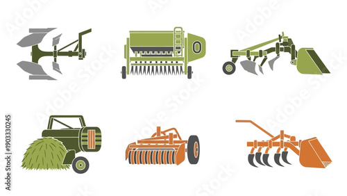 Collection of Agricultural Machinery Icons Featuring Tractors and Farming Equipment in Various Colors and Designs