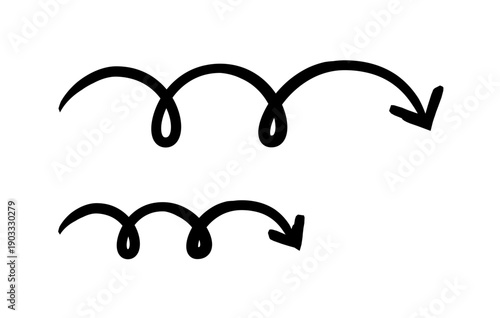 Playful loop arrows hand-drawn sketch graphic element set. Repeating looped curves and final downward point. Doodle direction. Minimal black pointers. Ink freehand symbols. Scribble illustration