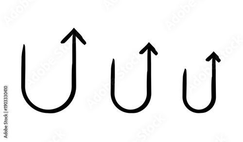 Hook arrows upward right hand-drawn sketch graphic element set. U-shaped curved signs of varying size. Doodle direction. Minimal black pointers. Ink freehand symbols. Scribble illustration