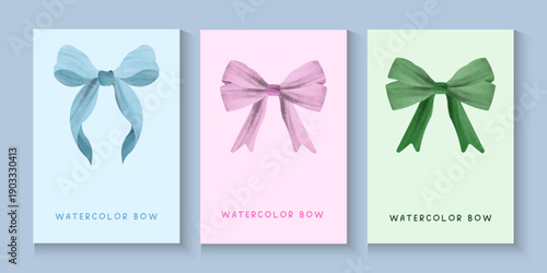 set of cute bows coquette aesthetic pattern seamless pink and blue ribbon bow isolated background. watercolor bow poster, cards, banner in Trendy retro for print for textiles, wrapping paper, cover.