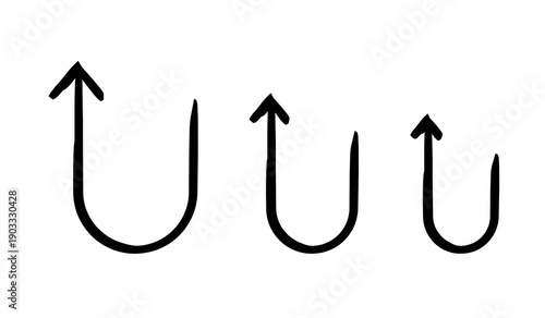 Hook arrows upward left hand-drawn sketch graphic element set. U-shape curved tail signs of varying size. Doodle direction. Minimal black pointers. Ink freehand symbols. Scribble illustration