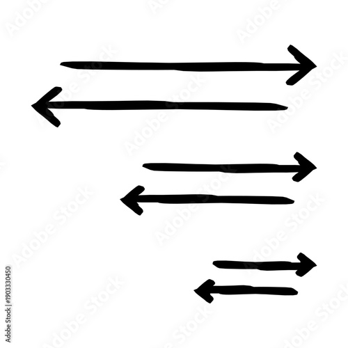 Alternating left and right pointing arrows hand-drawn sketch graphic element set. Horizontal opposite change. Doodle direction. Minimal black pointers. Ink freehand symbols. Scribble illustration