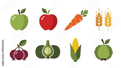 Assorted fruits and vegetables illustration featuring apples, carrots, and grains in a simple graphic style