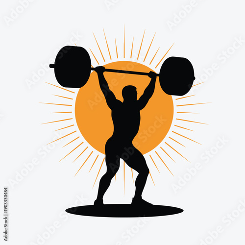A silhouetted weightlifter successfully completes a clean and jerk lift against a bright sun