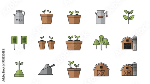 Collection of gardening icons featuring plants, pots, tools, and sheds in a simple design