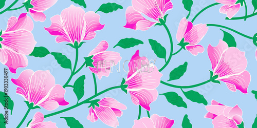 Seamless floral pattern with vibrant pink flowers and green stems