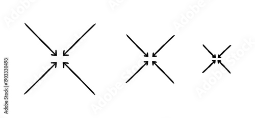 Diagonal arrows pointing to center hand-drawn sketch graphic element set. Focus inward to shared centralization. Doodle direction. Minimal black pointers. Ink freehand symbols. Scribble illustration