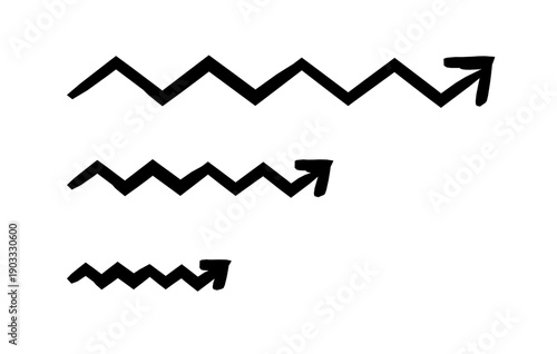 Angular sharp zigzag right arrows hand-drawn sketch graphic element set. Jagged pointing to upper rightward. Doodle direction. Minimal black pointers. Ink freehand symbols. Scribble illustration