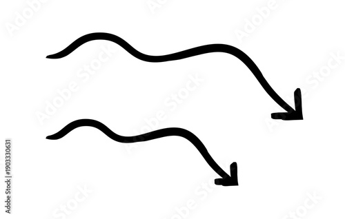 Wavy arrows pointing down hand-drawn sketch graphic element set. Waves curving downward. Organic decline. Doodle direction. Minimal black pointers. Ink freehand symbols. Scribble illustration
