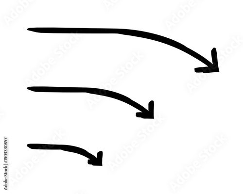 Curved end down arrows hand-drawn sketch graphic element set. Gradual curve downward. Directional marker. Doodle direction. Minimal black pointers. Ink freehand symbols. Scribble illustration
