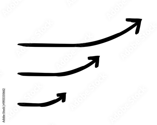 Curved end up arrows hand-drawn sketch graphic element set. Arching upward rightward. Flexible rise. Doodle direction. Minimal black pointers. Ink freehand symbols. Scribble illustration