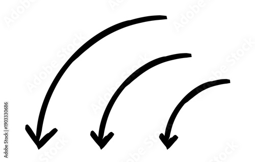 Curved down arrows in sweeping motion hand-drawn sketch graphic element set. Downward arc. Left curve. Doodle direction. Minimal black pointers. Ink freehand symbols. Scribble illustration