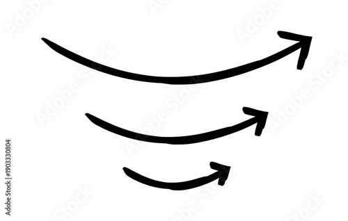 Curved up arrows hand-drawn sketch graphic element set. Smooth curve pointing upward. Optimistic move. Doodle direction. Minimal black pointers. Ink freehand symbols. Scribble illustration