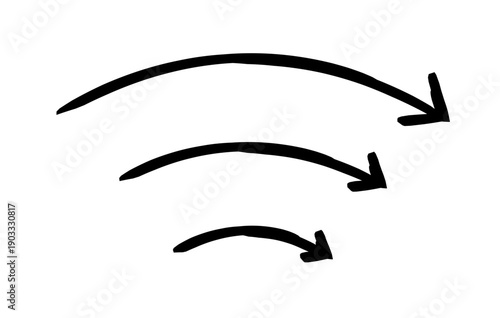 Curved down arrows hand-drawn sketch graphic element set. Semicircular curve downward drop. Motion decline. Doodle direction. Minimal black pointers. Ink freehand symbols. Scribble illustration