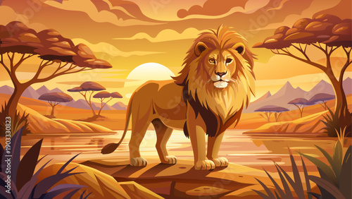 Very beautiful African lion standing proudly near a waterhole in golden savanna light, capturing power, leadership, and raw wildlife presence within an untouched African landscape.