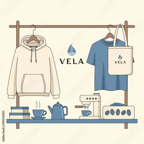 Vela Branded Clothing and Homeware Display.