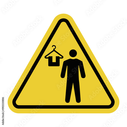 Men's locker room. A room for changing and storing clothing and personal belongings. Convenience for visitors and staff. Keeping personal belongings tidy and secure. Yellow triangle warning sign.