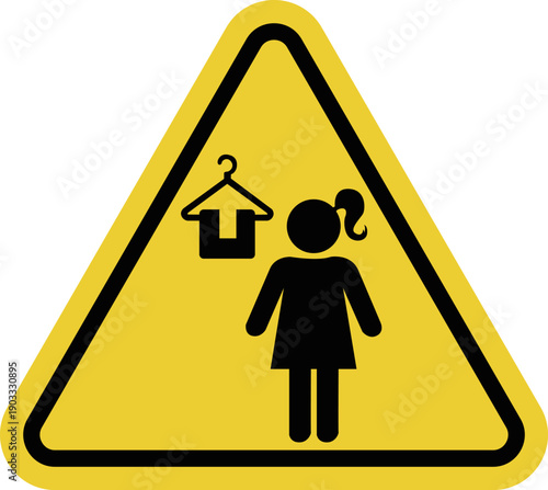 Women's locker room. A room for changing and storing clothing and personal belongings. Convenience for visitors and staff. Keeping personal belongings tidy and secure. Yellow triangle warning sign.