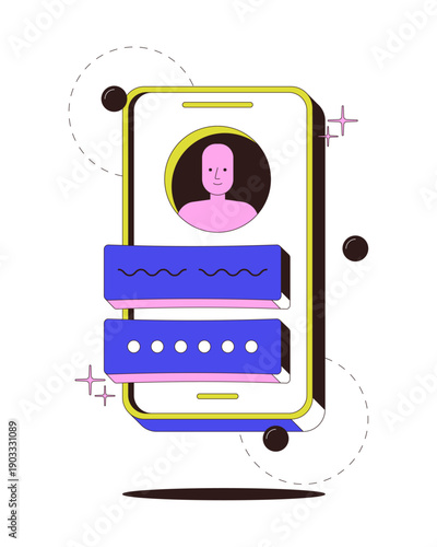 Account modern onboarding illustration. Smartphone screen with profile avatar and login fields. Username password interface. Web design UI. Flat vector concept. Mobile app intro. Minimal UX scene