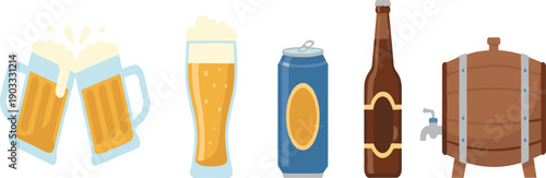 Beer Glasses Bottles and Wooden Barrel Flat Vector Illustration Set Isolated on White Background