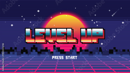 LEVEL UP. pixel art .8 bit game. retro video game. for game assets.