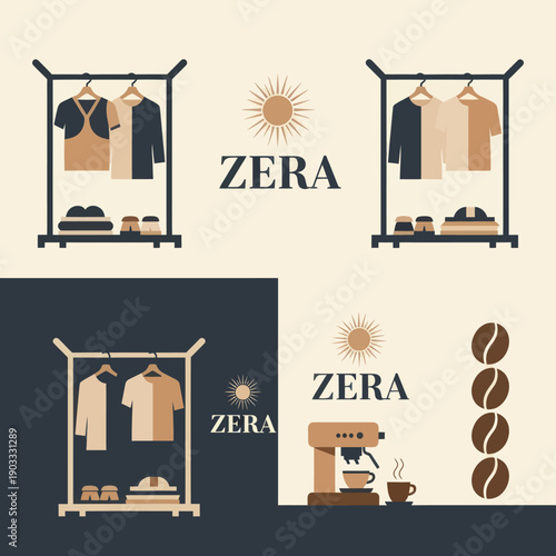 Clothing Rack with Hanging Garments and Accessories.