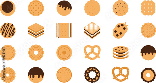 Cookies Biscuits and Sweet Snacks Collection Flat Vector Illustration Set Isolated on White Background