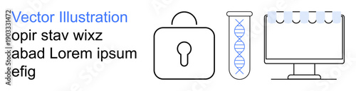 Data protection, biotechnology, cybersecurity, information security, genetic analysis, secure technology. Lock, DNA strand computer screen. Data protection and biotechnology