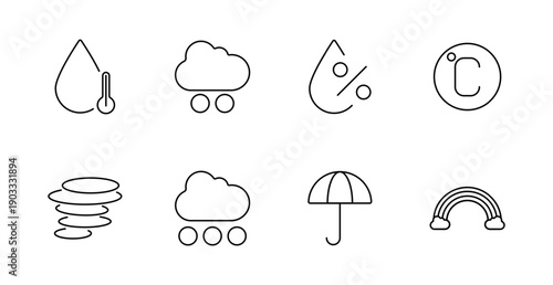 Weather symbol set icon. Drop, temperature, fog, humidity, wind, umbrella, rainbow, storm, climate condition, moisture, elements, degree.