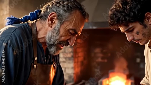 Wallpaper Mural Master Craftsmen Forging Metal in Traditional Workshop with Elderly man and Young Apprentice Torontodigital.ca