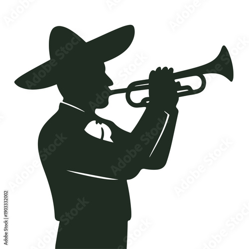 Silhouette of man playing trumpet in mariachi costume, vector illustration