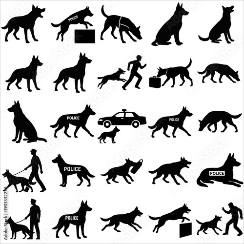 Illustration of collection of black silhouette illustrations of police dogs and handlers