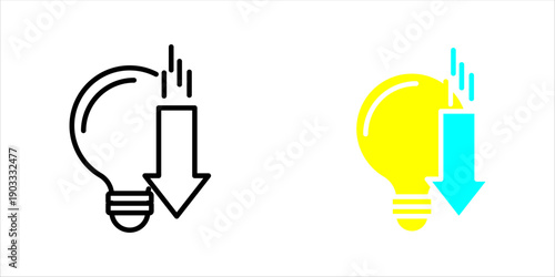 Solid icon of a broken or falling light bulb with downward arrow, symbolizing idea loss, innovation failure, or creative setback.