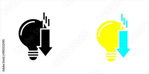 Solid icon of a broken or falling light bulb with downward arrow, symbolizing idea loss, innovation failure, or creative setback.