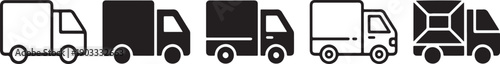 A row of five minimalist black and white icons depicting various delivery trucks or lorries for transportation. Vector