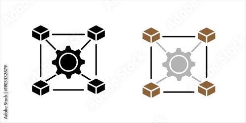Line icon set . illustrating interconnected modules with a central gear, representing system integration, network automation, and modular technology architecture.