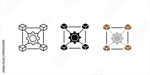 Line icon set . illustrating interconnected modules with a central gear, representing system integration, network automation, and modular technology architecture.