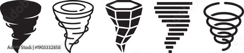 A collection of five minimalist black and white pixel icons representing tornadoes or cyclones. Vector
