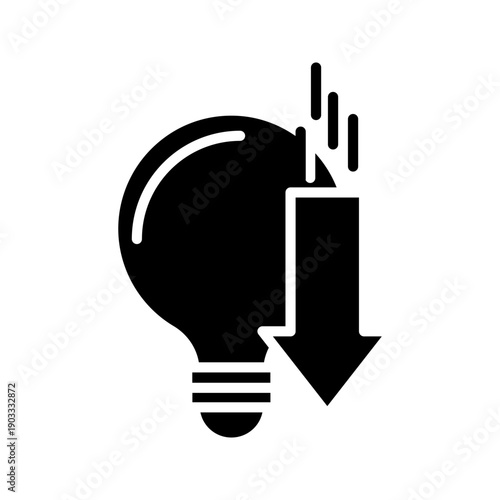 Solid icon of a broken or falling light bulb with downward arrow, symbolizing idea loss, innovation failure, or creative setback.