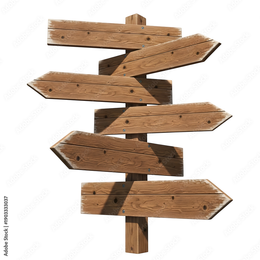 Fototapeta premium Rustic old wooden road signpost board, ideal for vintage design, signage mockups, branding, advertising, and classic travel themes, isolated on white or transparent background. PNG format.